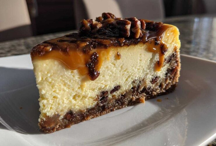 A decadent slice of turtle cheesecake featuring a creamy filling, dark crust, dripping caramel, and pecan topping.