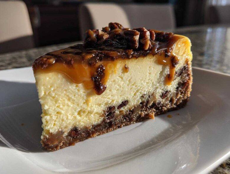 A decadent slice of turtle cheesecake featuring a creamy filling, dark crust, dripping caramel, and pecan topping.