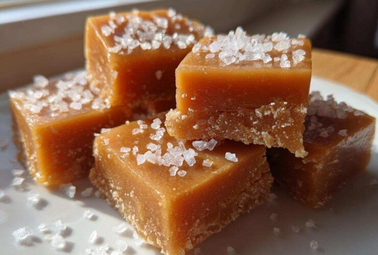 A stack of soft, chewy caramels topped generously with flaky sea salt crystals.
