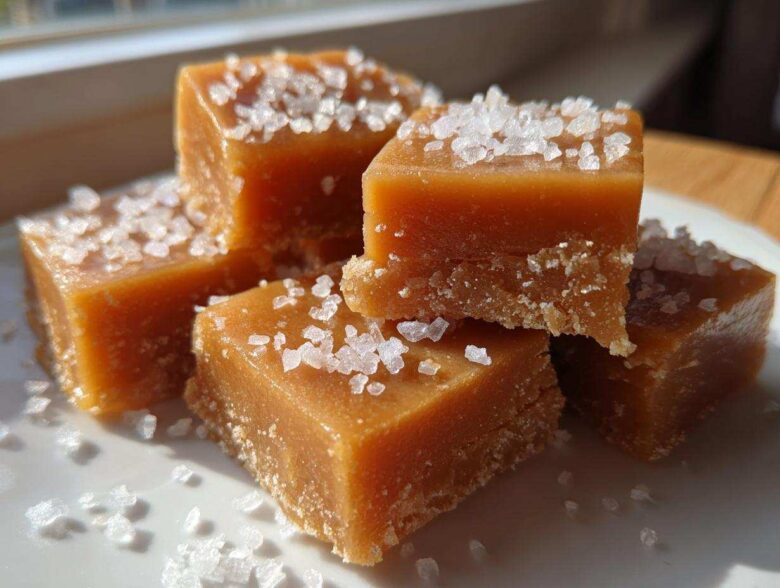 A stack of soft, chewy caramels topped generously with flaky sea salt crystals.