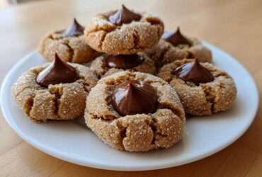 A close-up of several soft and chewy peanut butter blossoms rolled in sugar, each topped with a chocolate kiss.