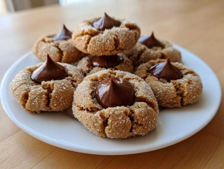 A close-up of several soft and chewy peanut butter blossoms rolled in sugar, each topped with a chocolate kiss.
