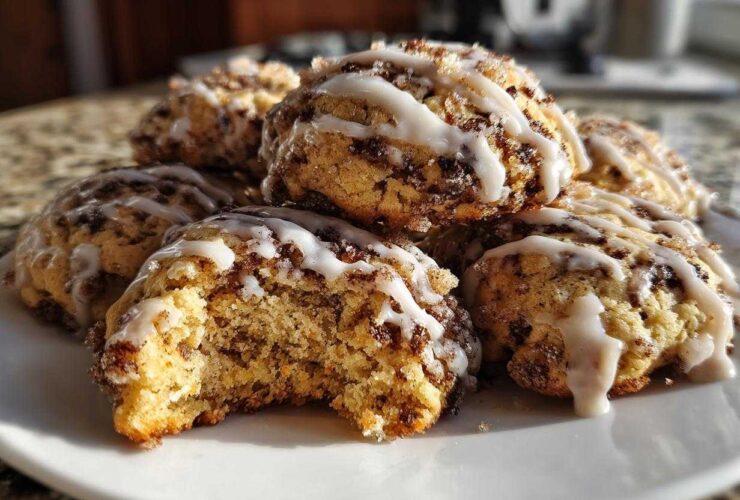 A stack of soft coffee cake cookies drizzled with white icing, one cookie has a bite taken out.