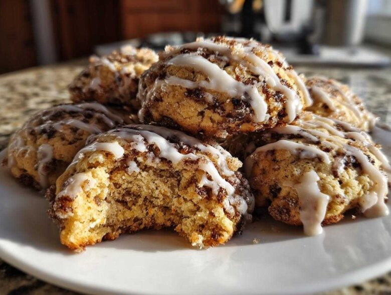 A stack of soft coffee cake cookies drizzled with white icing, one cookie has a bite taken out.