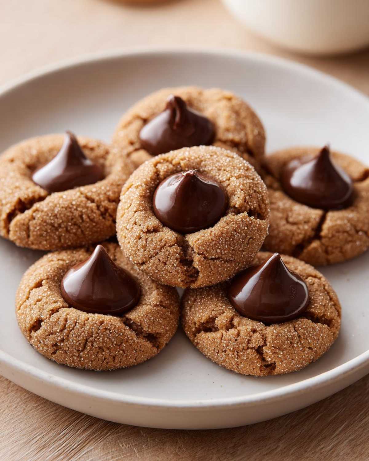 Five soft, sugar-coated peanut butter blossoms cookies topped with melted chocolate kisses, arranged on a light plate.