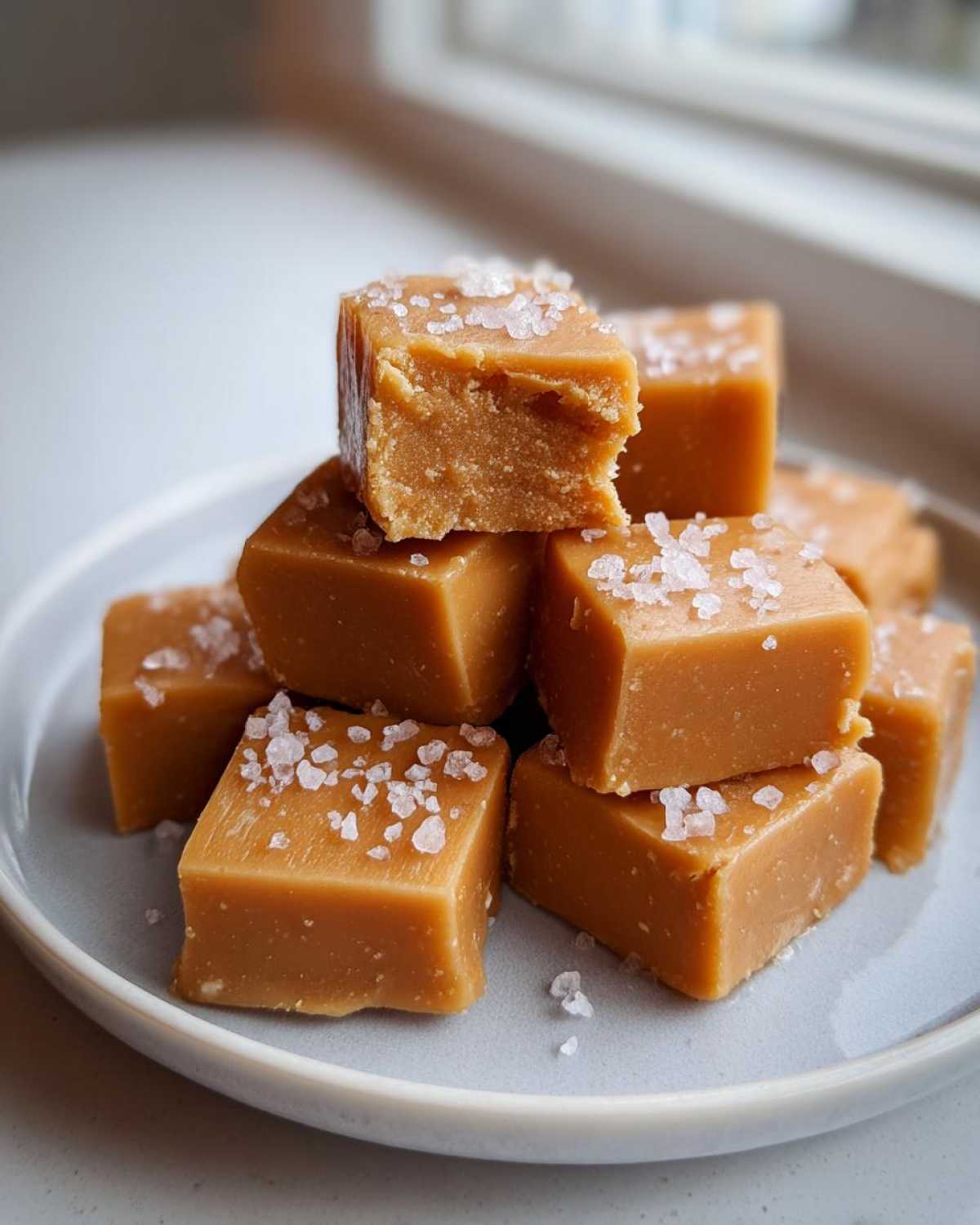 A stack of soft, square sea salt caramels sprinkled with flaky salt on a light blue plate.