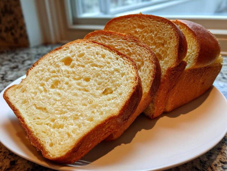 Four thick slices of soft, golden sourdough sandwich bread displayed on a light plate.