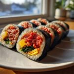 Several slices of vibrant spicy tuna kimbap, featuring bright red tuna filling, yellow pickled radish, and spinach, arranged on a white plate.