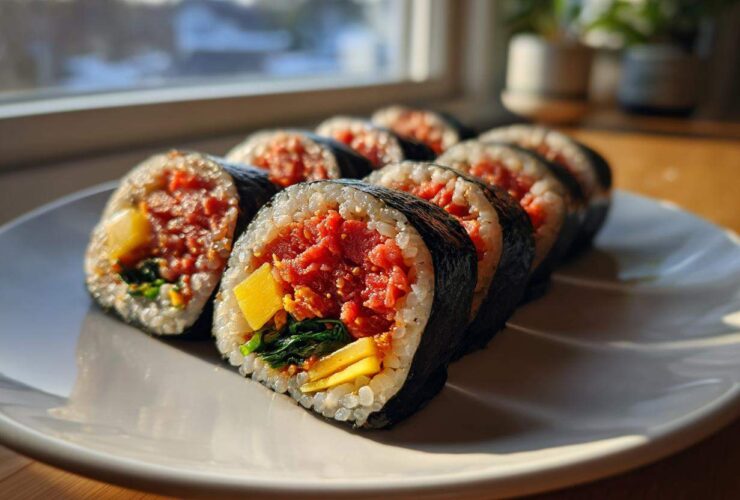 Several slices of vibrant spicy tuna kimbap, featuring bright red tuna filling, yellow pickled radish, and spinach, arranged on a white plate.