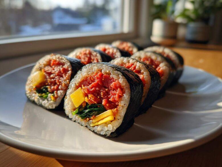 Several slices of vibrant spicy tuna kimbap, featuring bright red tuna filling, yellow pickled radish, and spinach, arranged on a white plate.