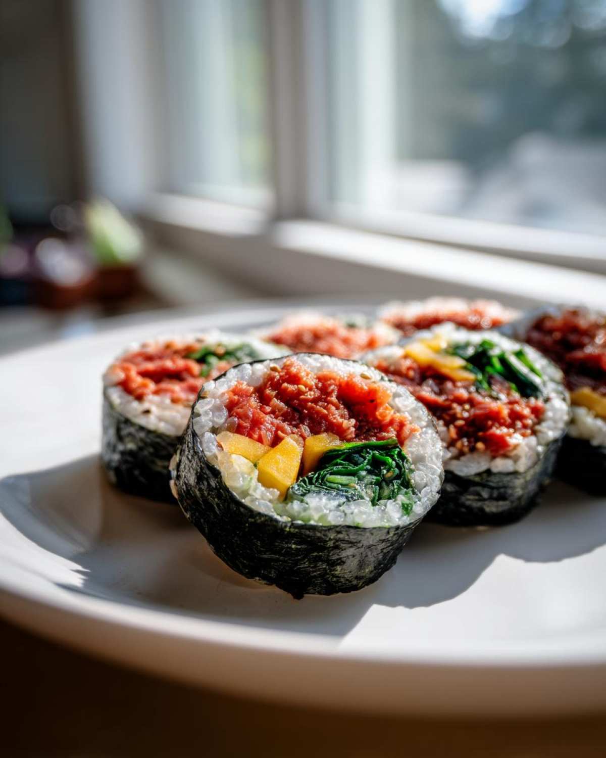 Several slices of spicy tuna kimbap showing bright red tuna filling, yellow pickled radish, and green spinach, resting on a white plate.
