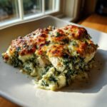 A close-up serving of the spinach artichoke chicken bake, topped with bubbly, browned cheese.