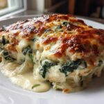 A close-up of a portion of spinach artichoke chicken bake, smothered in melted, browned cheese.