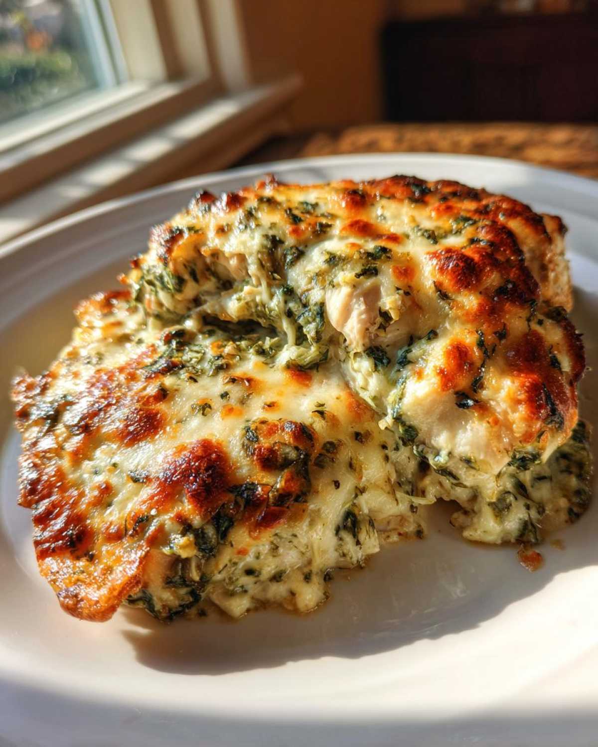 A close-up of a serving of baked chicken topped with a creamy, cheesy spinach artichoke mixture.