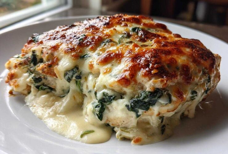 A close-up of a portion of spinach artichoke chicken bake, smothered in melted, browned cheese.