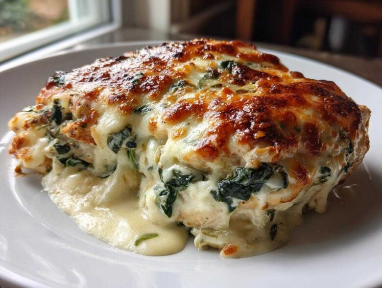 A close-up of a portion of spinach artichoke chicken bake, smothered in melted, browned cheese.