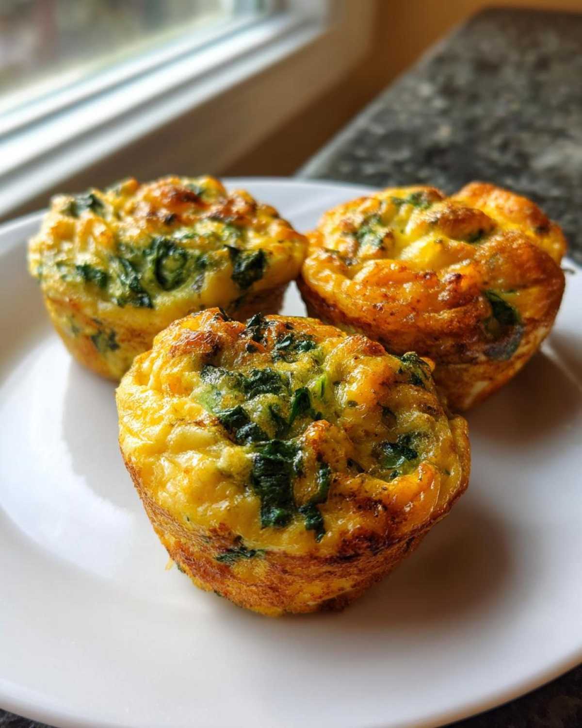 Three freshly baked spinach egg muffin portions displayed on a white plate near a window.