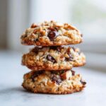 A stack of three chewy almond joy cookies loaded with chocolate chips and sliced almonds.