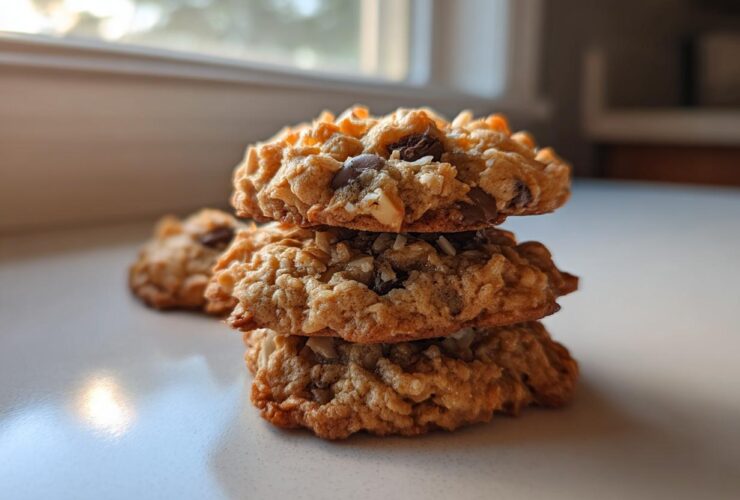 A stack of three chewy almond joy cookies showing oats, coconut, and chocolate chips.
