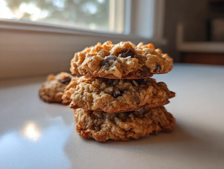 A stack of three chewy almond joy cookies showing oats, coconut, and chocolate chips.