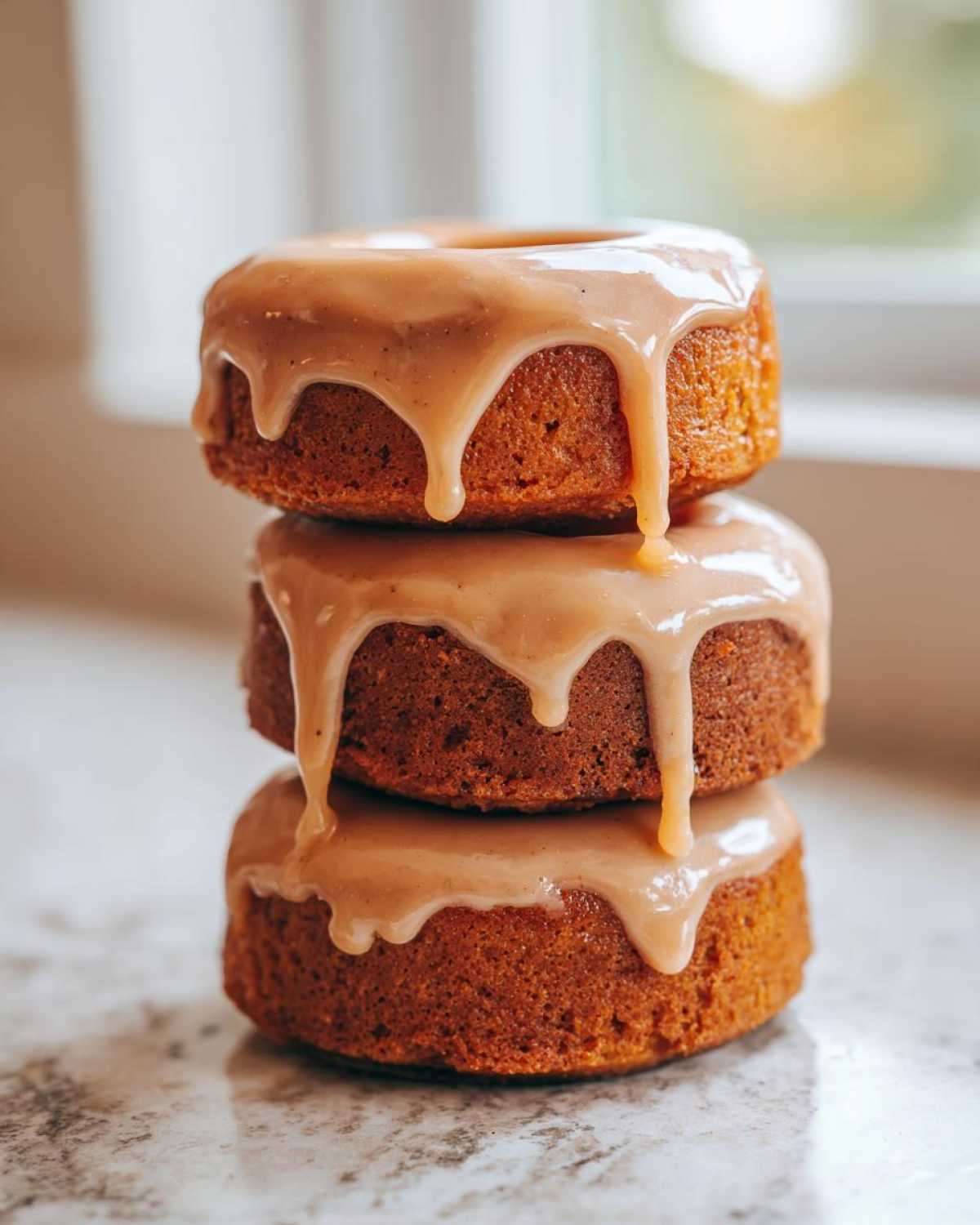 Three baked pumpkin donuts stacked vertically, generously topped with a thick, dripping caramel-colored glaze.