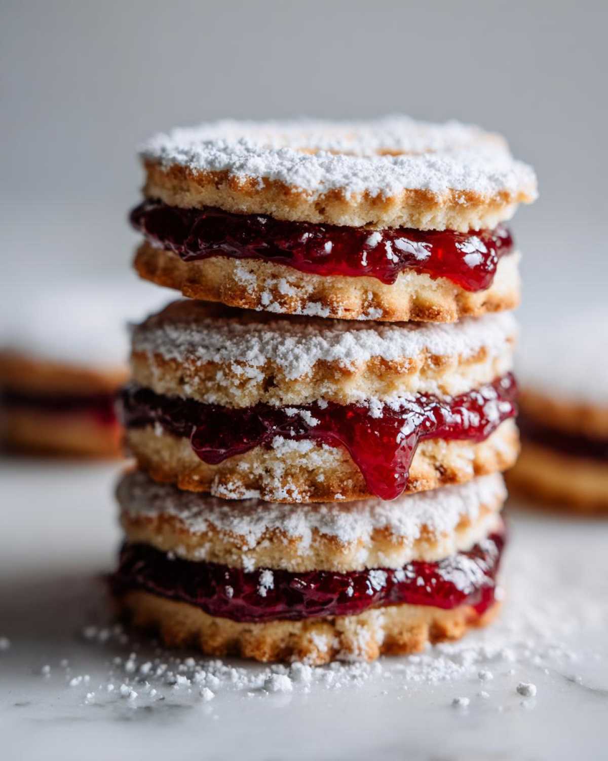 A vertical stack of three jam-filled linzer cookies dusted heavily with powdered sugar.
