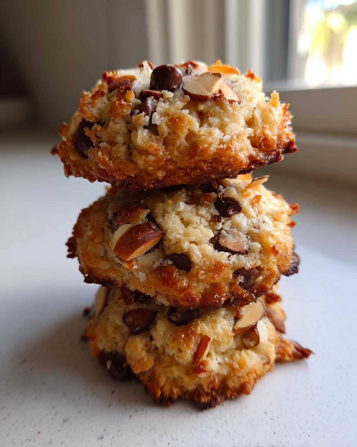 Three stacked, golden-brown almond joy cookies featuring coconut, chocolate chips, and sliced almonds.