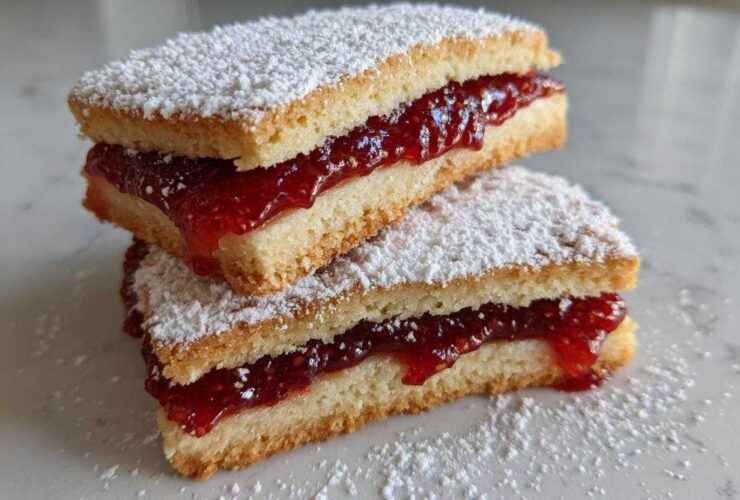 Two stacked, rectangular linzer cookies filled with bright red raspberry jam and dusted heavily with powdered sugar.