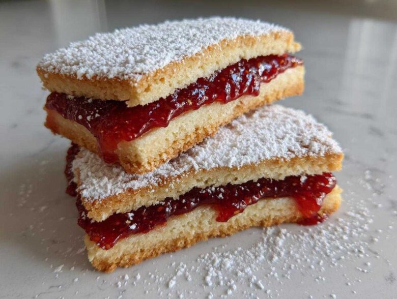 Two stacked, rectangular linzer cookies filled with bright red raspberry jam and dusted heavily with powdered sugar.