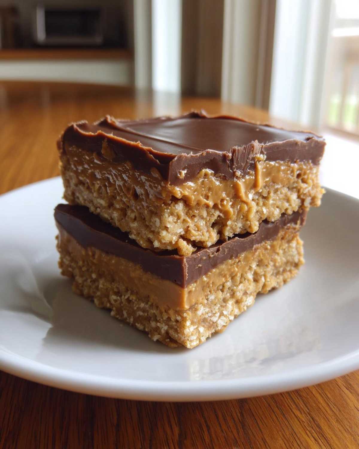 Two stacked squares of lunch lady peanut butter bars showing the oat base, peanut butter layer, and chocolate topping.