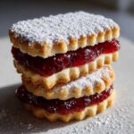 Close-up of two stacked raspberry linzer cookies, dusted heavily with powdered sugar.