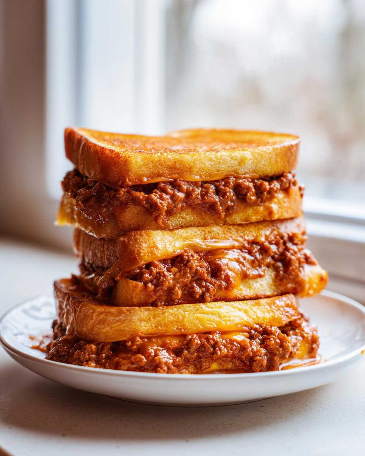 A stack of three halves of texas toast sloppy joes filled with meat sauce and melted cheese, served on a white plate.