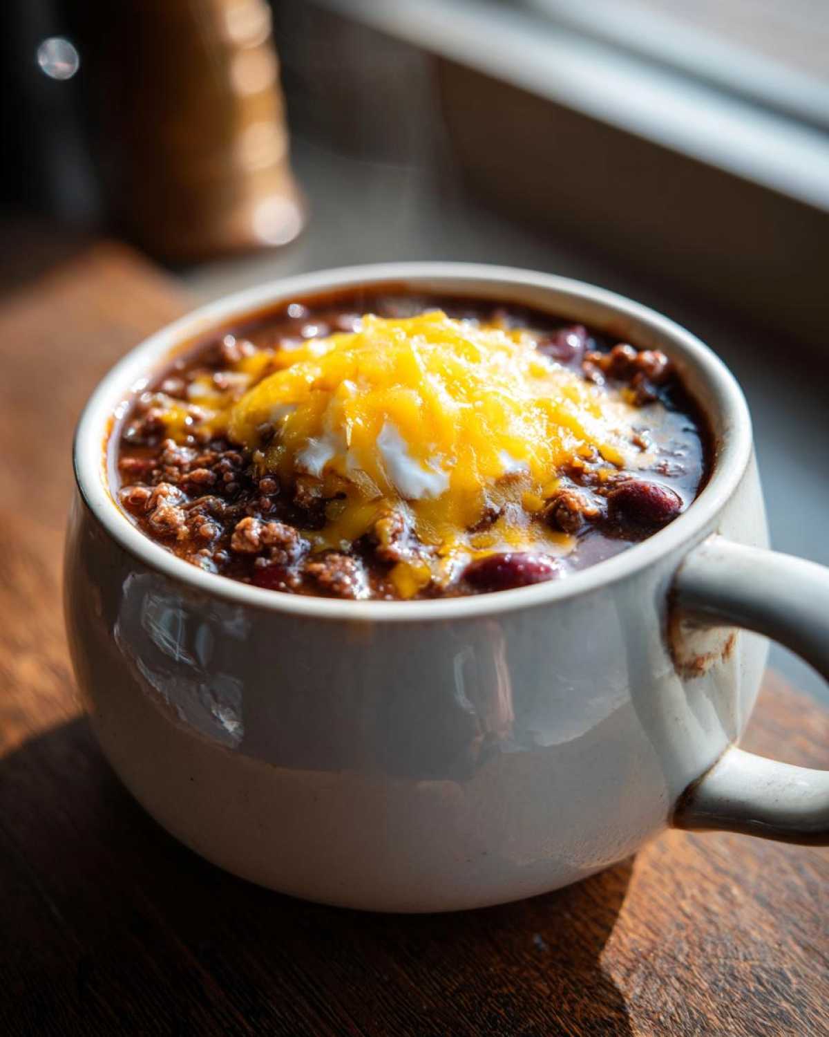 Close-up of a steaming mug filled with rich cowboy soup, topped with melted cheddar cheese and a dollop of sour cream.