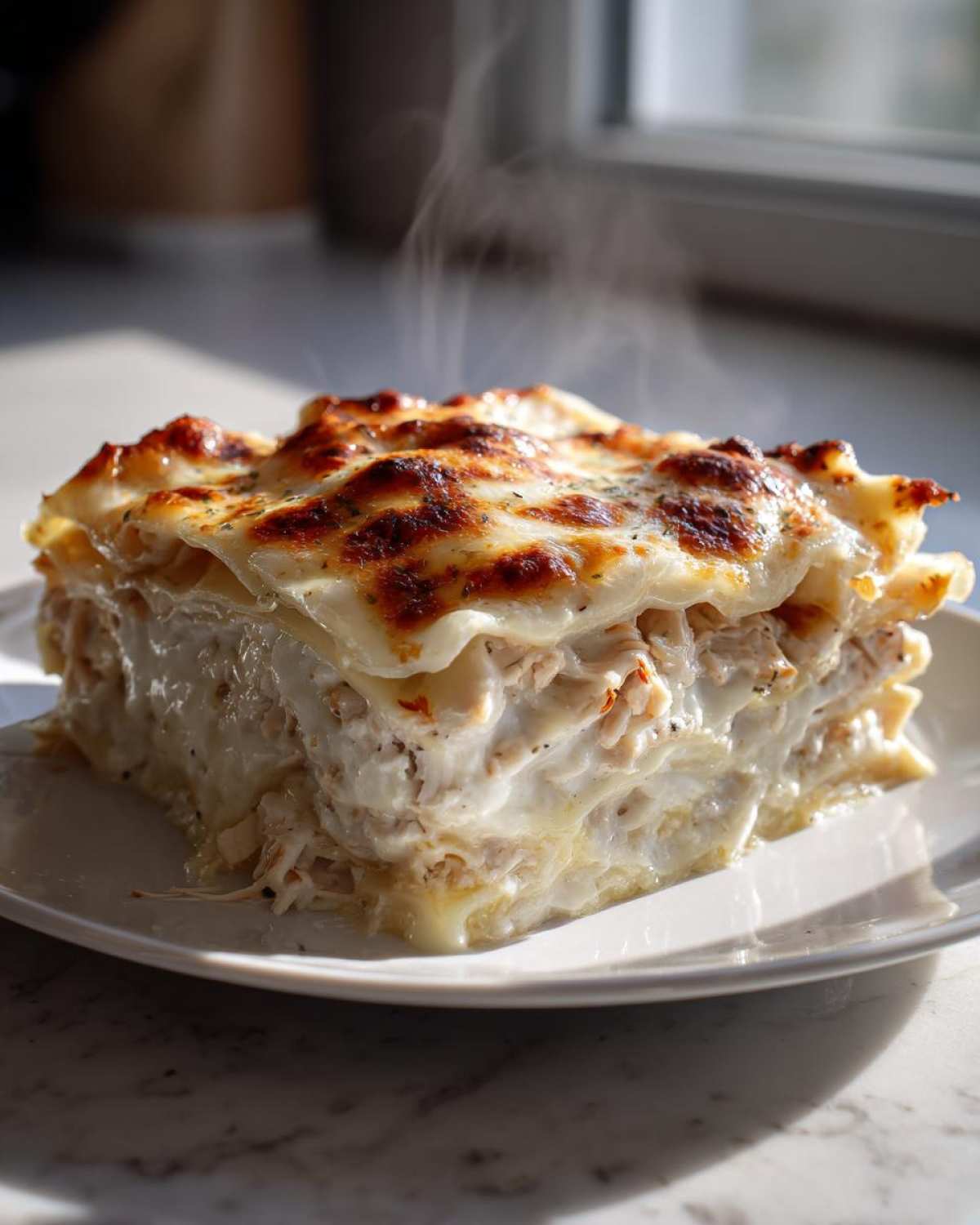 A perfectly baked, steaming slice of white chicken lasagna with a golden-brown cheesy top.