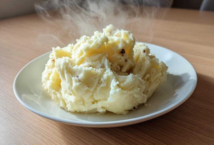 A generous serving of fluffy, steaming slow cooker mashed potatoes with bits of skin visible, served on a white plate.
