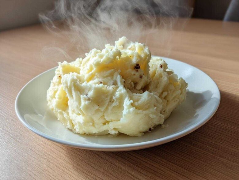 A generous serving of fluffy, steaming slow cooker mashed potatoes with bits of skin visible, served on a white plate.