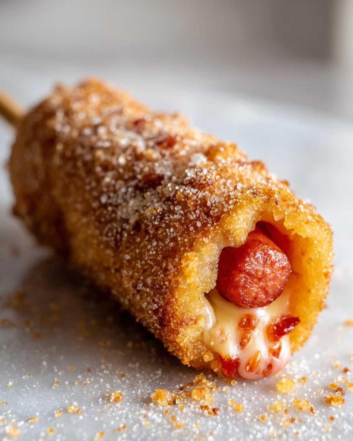 Close-up of a freshly fried korean corn dog coated in sugar, showing melted cheese and a sausage inside.