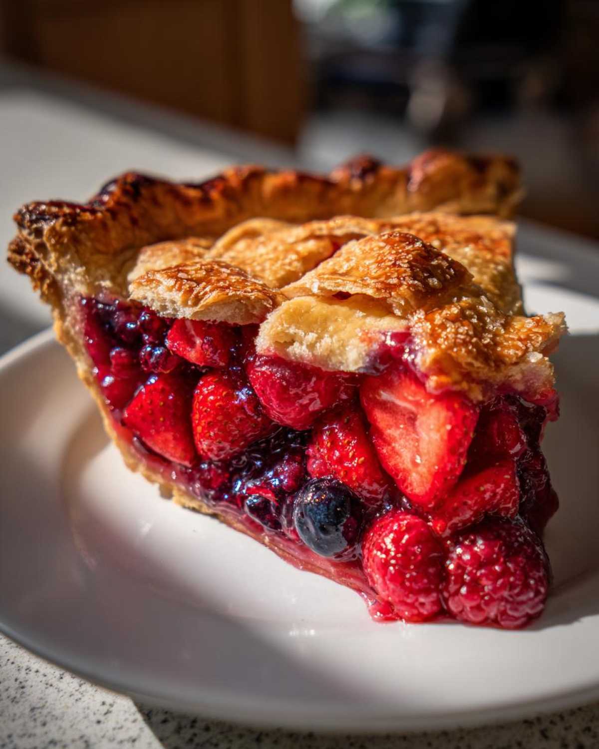 A close-up of a thick slice of triple berry pie showing strawberries, raspberries, and blueberries in a juicy filling.