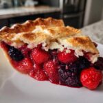A close-up of a juicy slice of triple berry pie showing strawberries and blackberries, with a flaky golden crust.