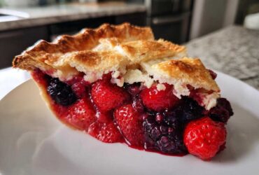 A close-up of a juicy slice of triple berry pie showing strawberries and blackberries, with a flaky golden crust.