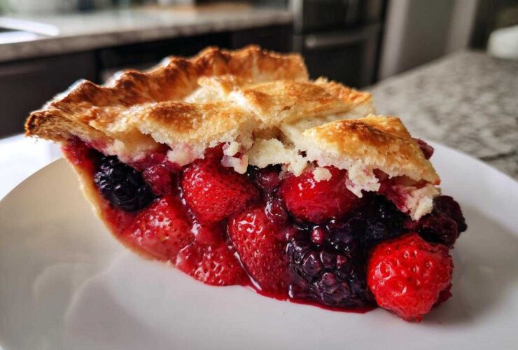 A close-up of a juicy slice of triple berry pie showing strawberries and blackberries, with a flaky golden crust.
