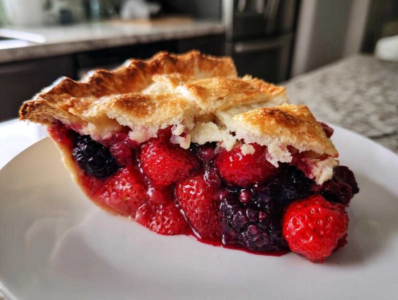 A close-up of a juicy slice of triple berry pie showing strawberries and blackberries, with a flaky golden crust.
