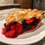 A close-up of a juicy slice of triple berry pie showing strawberries, blueberries, and blackberries with a golden lattice crust.