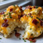 Close-up of fluffy twice baked potatoes topped with melted cheddar cheese, bacon bits, and chives.
