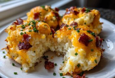 Close-up of fluffy twice baked potatoes topped with melted cheddar cheese, bacon bits, and chives.