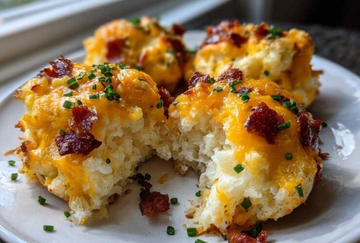 Close-up of fluffy twice baked potatoes topped with melted cheddar cheese, bacon bits, and chives.