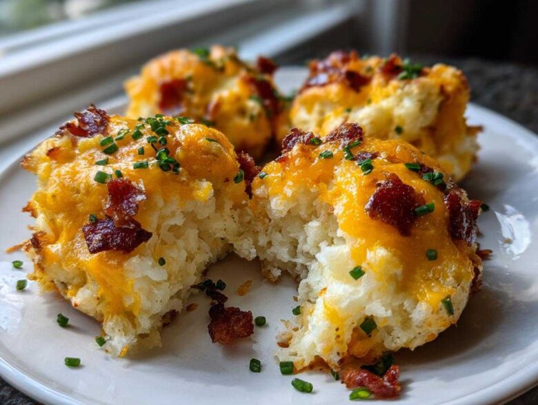 Close-up of fluffy twice baked potatoes topped with melted cheddar cheese, bacon bits, and chives.