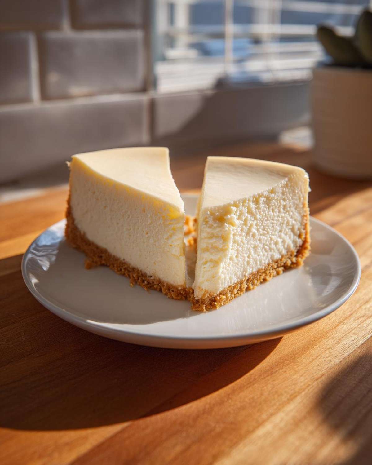 Two creamy slices of classic cheesecake recipe on a white plate, set on a wooden counter in bright sunlight.