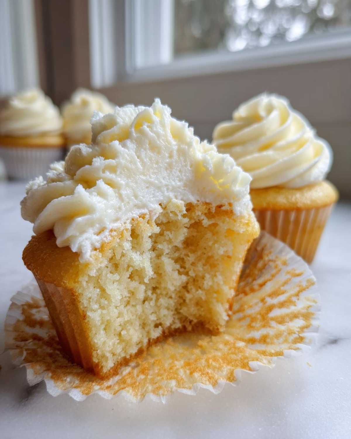 Close-up of a vanilla cupcake cut in half showing the moist crumb and thick white vanilla frosting.