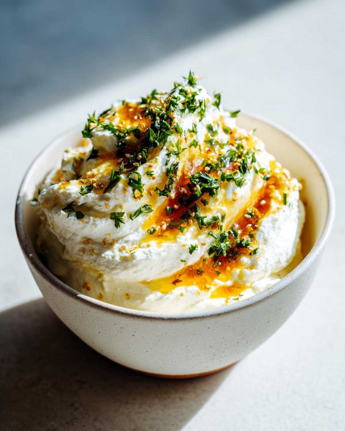 A creamy mound of whipped feta dip topped with olive oil, herbs, and sesame seeds.